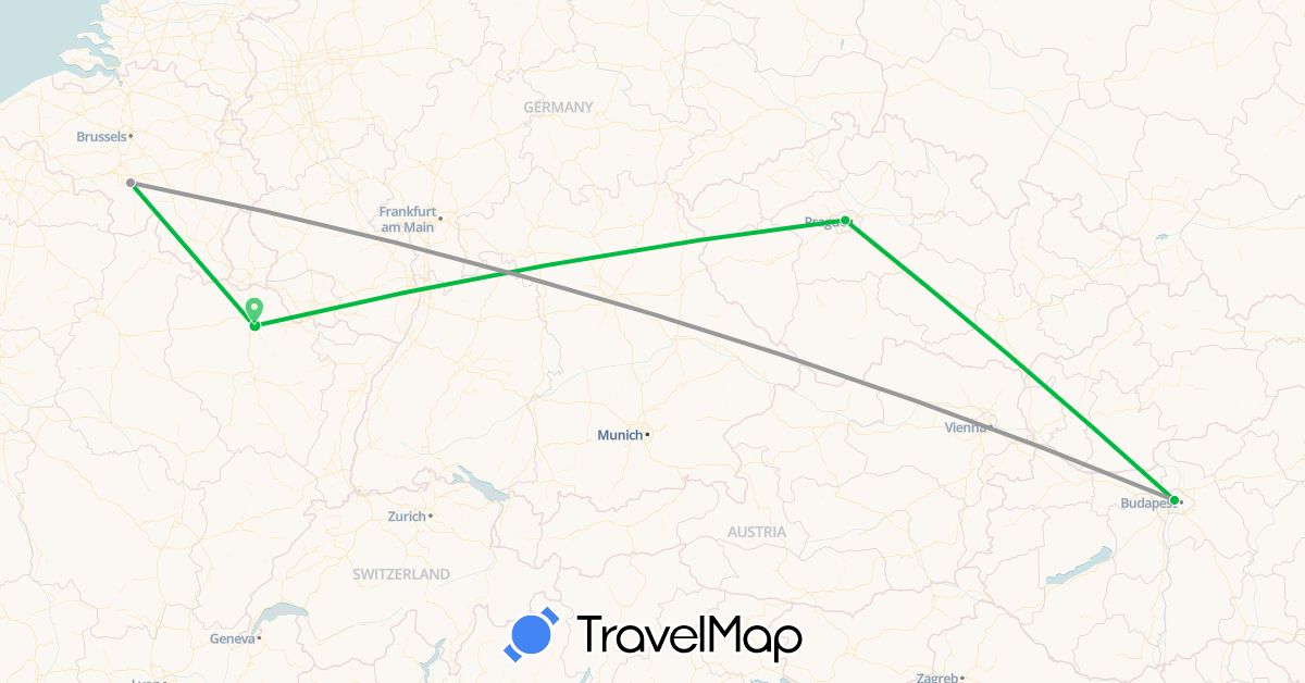TravelMap itinerary: bus, plane in Belgium, Czech Republic, France, Hungary (Europe)